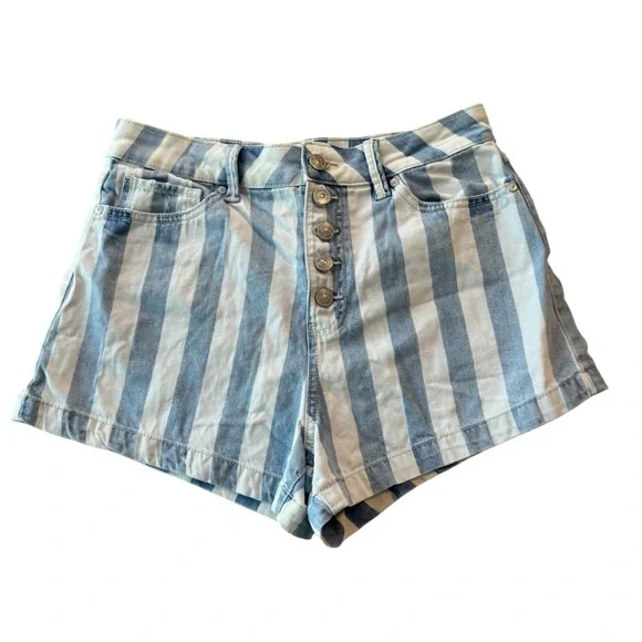 Rewash High Waist Button Fly Blue Railroad Striped Denim Jean Shorts - Picture 1 of 8